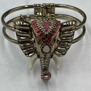 Betsey Johnson Pink Crystals Trunk Up Good Luck Elephant Bangle Hinged  Bracelet